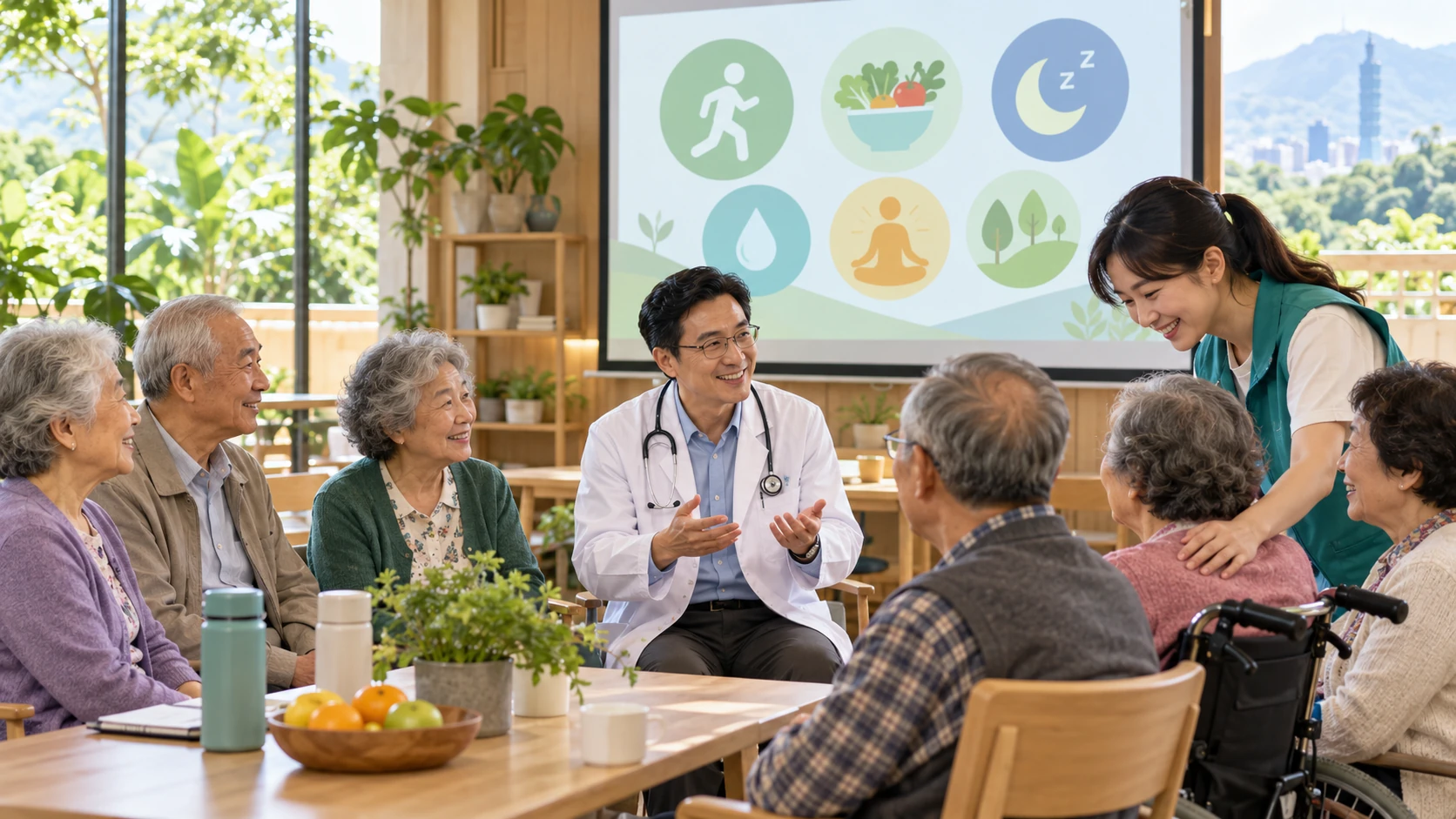 醫師與社區居民分享健康知識的活動情境示意