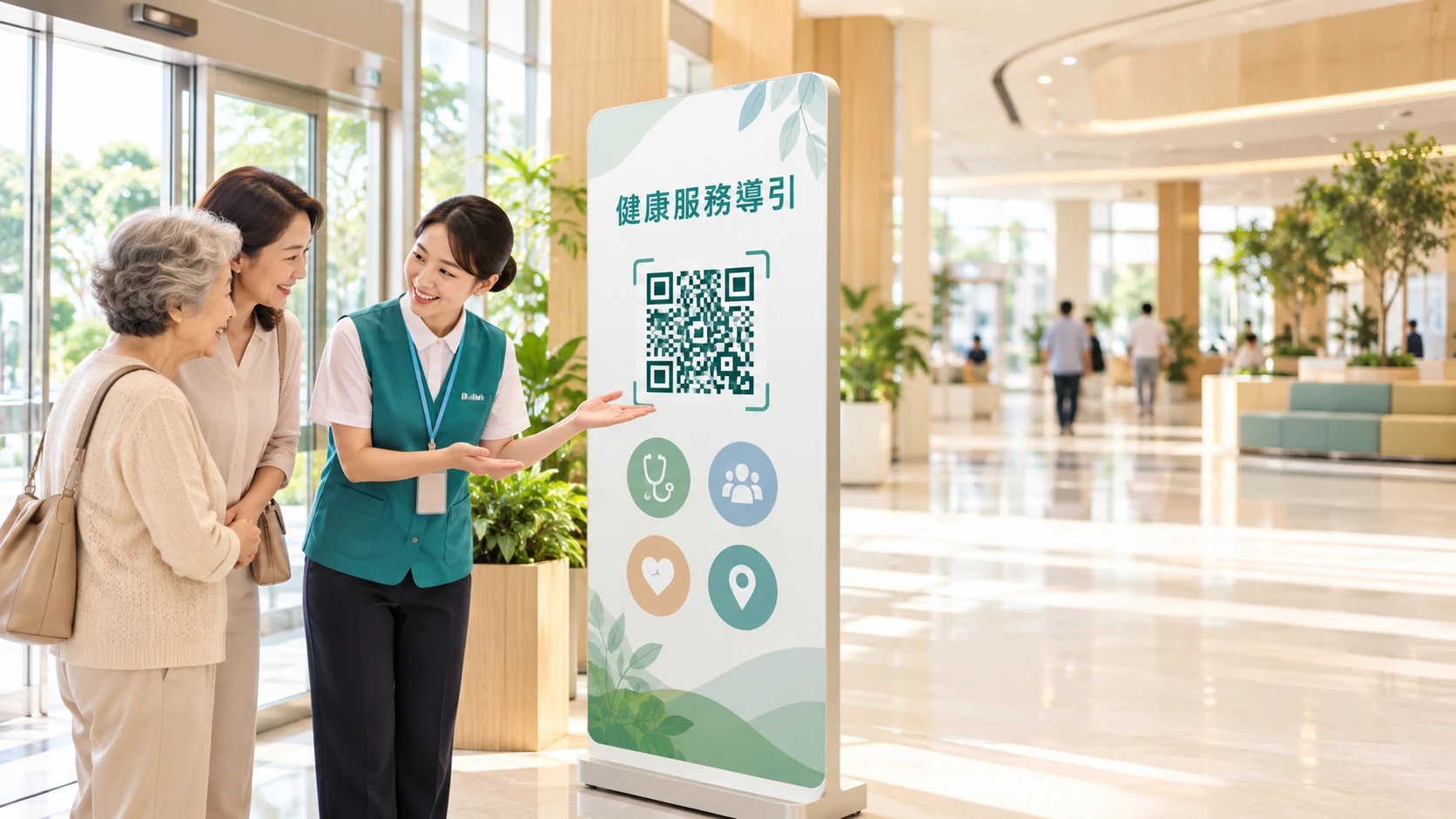 以 QR 紙本引導民眾使用自己手機的入口情境示意