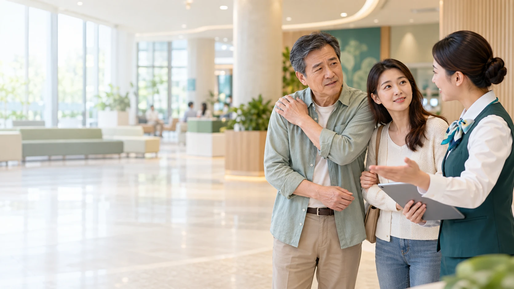 民眾與家人在服務人員協助下理解就醫方向的情境示意